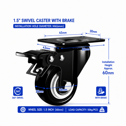 Heavy Duty Swivel Caster Wheel with Brake for Mesh Cage & Double Gate – 1.5” / 2.5” / 3”