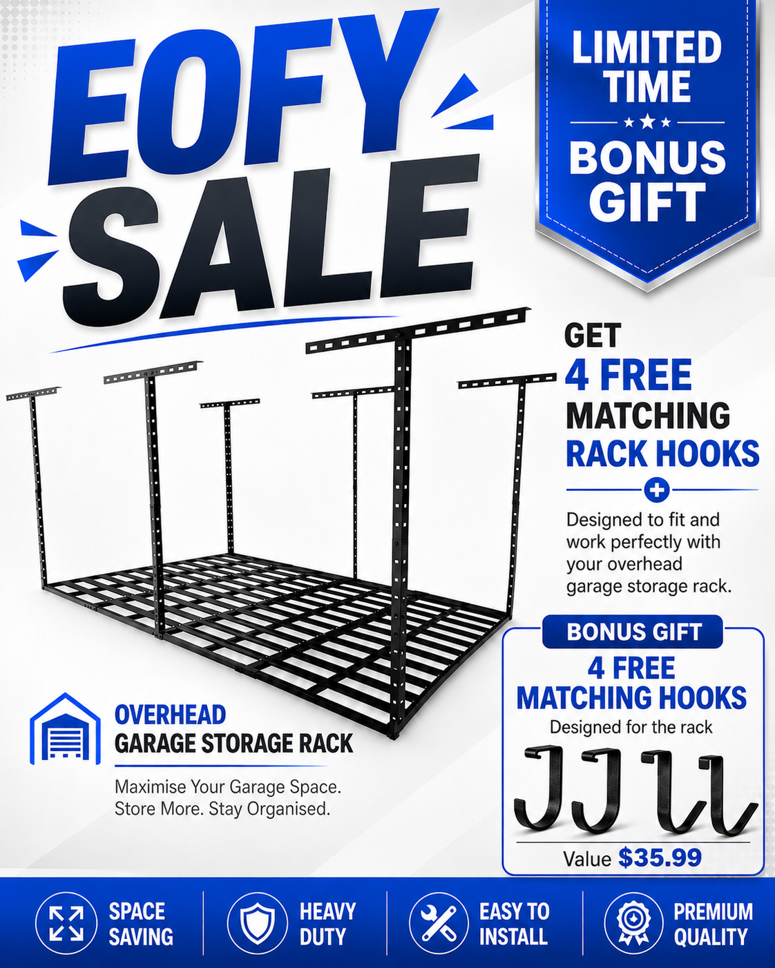 EOFY SALE-Overhead Garage Storage Rack 1m x 2.4m--- Heavy Duty Ceiling Mounted System 1000mm x 2400mm | SPACIA™