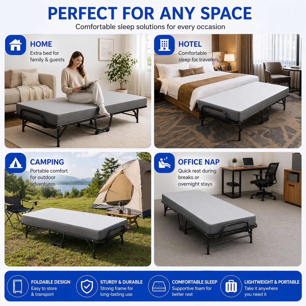 Twin Folding Bed with Mattress (190.5 × 96.5cm), 13cm Thick Memory Foam Rollaway Bed, Portable Guest Bed with Wheels, Space-Saving Metal Frame | SPACIA™