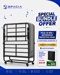 Folding Bed with Mattress and Protective Cover Bundle (Protective Cover included) - 190.5 x 96.5cm - 13cm Memory Foam Rollaway Guest Bed with Lockable Wheels | SPACIA