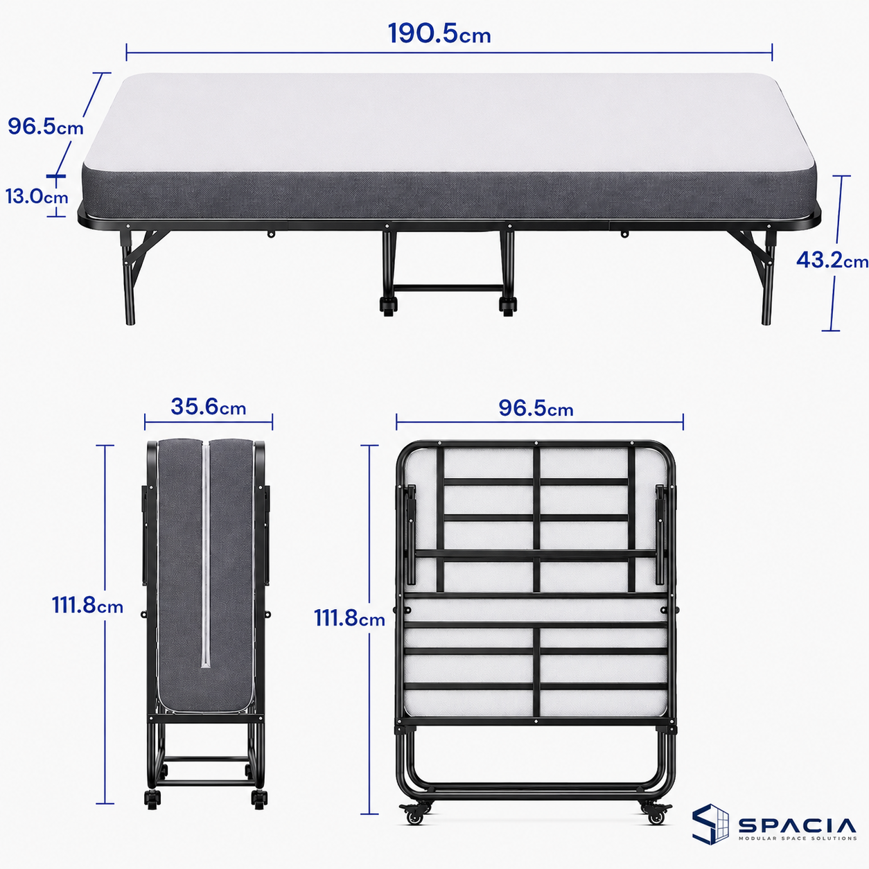 Twin Folding Bed with Mattress (190.5 × 96.5cm), 13cm Thick Memory Foam Rollaway Bed, Portable Guest Bed with Wheels, Space-Saving Metal Frame | SPACIA™