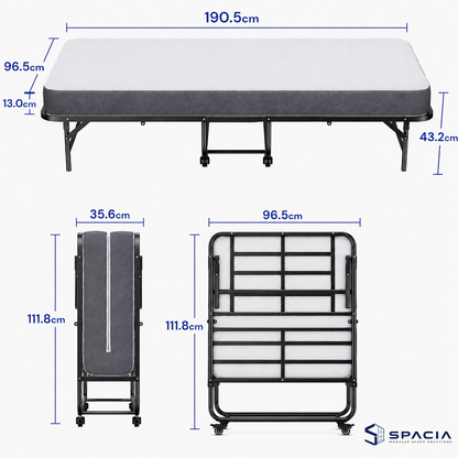 Twin Folding Bed with Mattress (190.5 × 96.5cm), 13cm Thick Memory Foam Rollaway Bed, Portable Guest Bed with Wheels, Space-Saving Metal Frame | SPACIA™