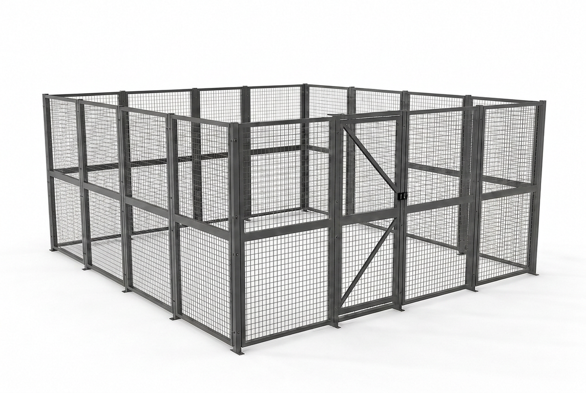 19.51 SQM four-wall storage cage with padlock-ready gate, illustrative edited view.
